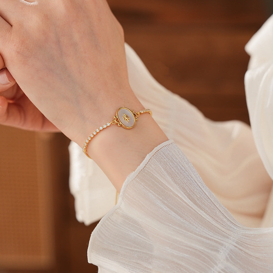 Celestial Cameo Bolo Bracelet with star oval centerpiece and half-tennis zircon row – Glazenya