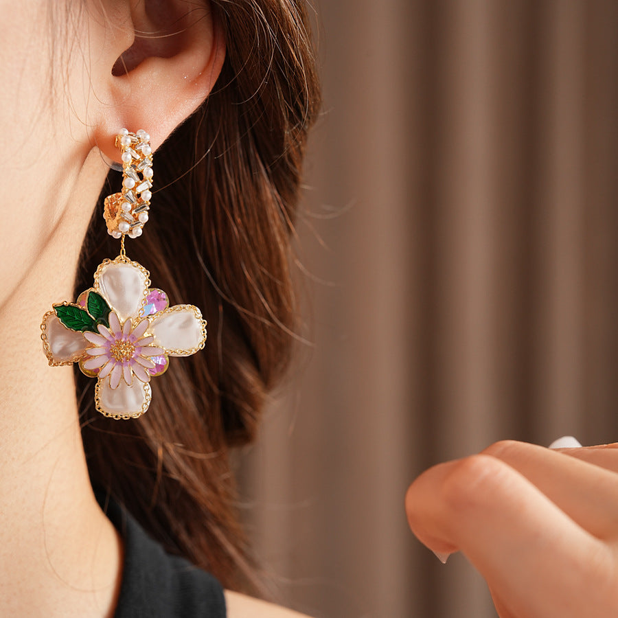 Romantic floral statement earrings with pink blossoms, imitation pearls, and enamel petals — Blossom Pearl Garden Earrings.