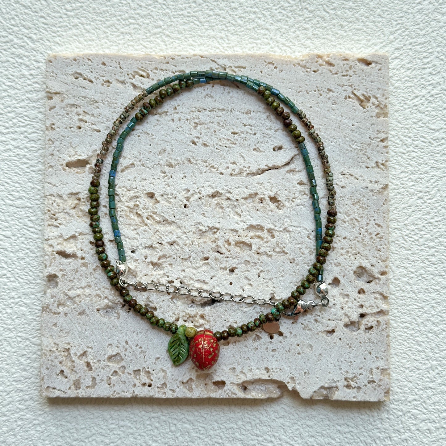 Olive and moss green seed beads with berry cluster details, handmade