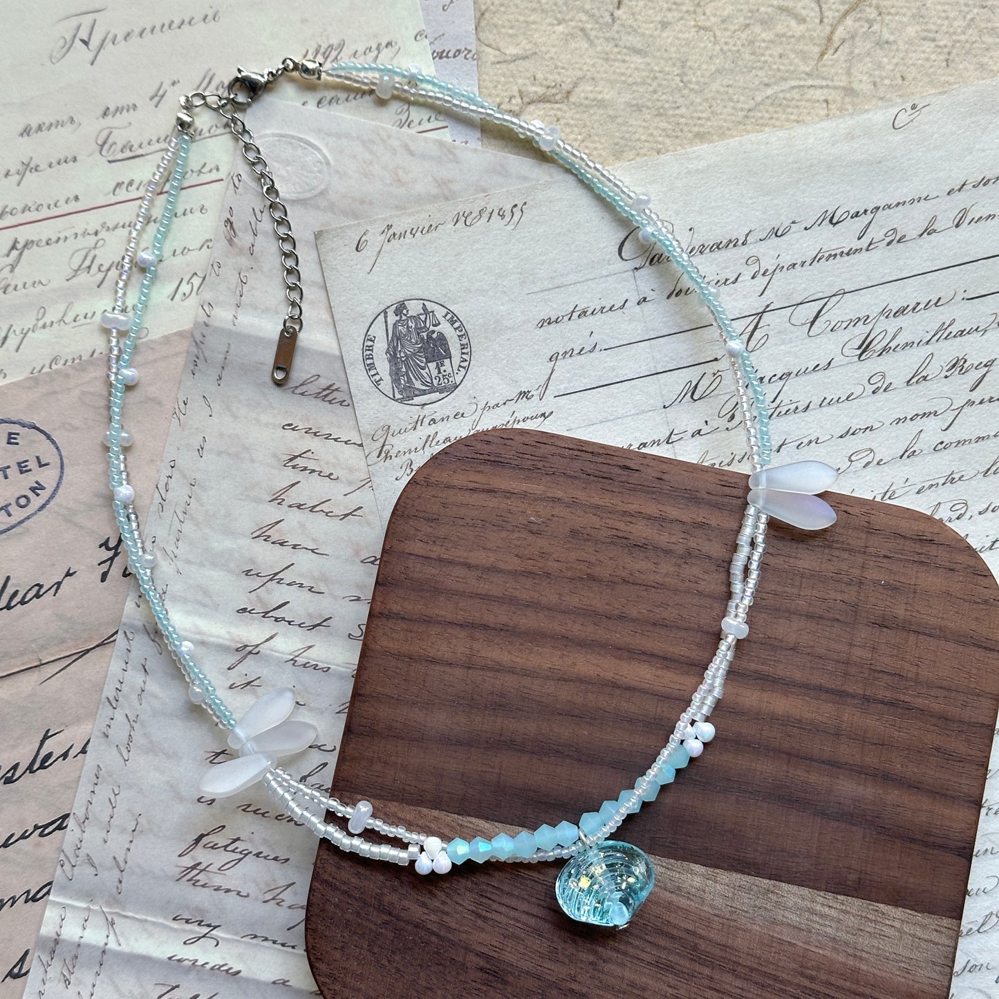 Frosted petal beads and layered aqua/crystal strand, lightweight handmade