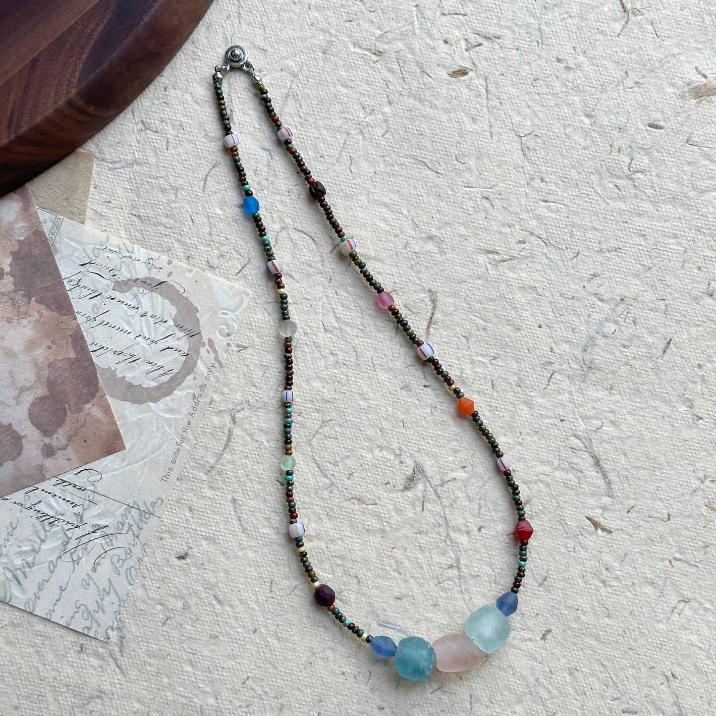 Bohemian handcrafted necklace with vibrant stone-like details