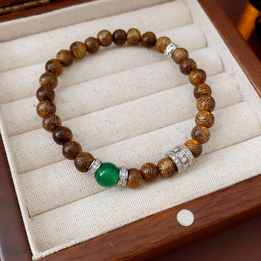 Natural agarwood beaded bracelet with green agate centerpiece and pavé spacers — Verdant Agarwood Bracelet by Glazenya.