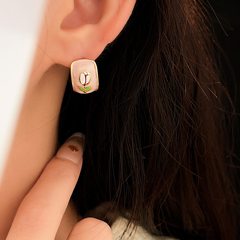 Blush-pink enamel rectangular studs with tulip motif and gold rim — Blush Tulip Cameo Studs.