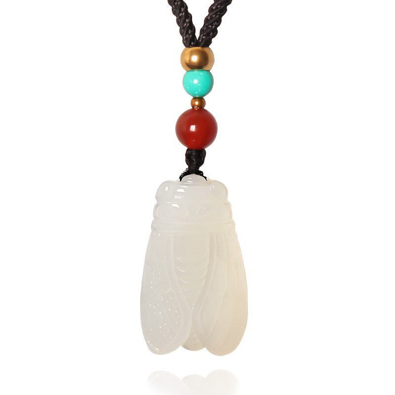Hand-carved Hetian (nephrite) jade cicada pendant with glossy white finish — Celestial Song Hetian Jade Pendant.