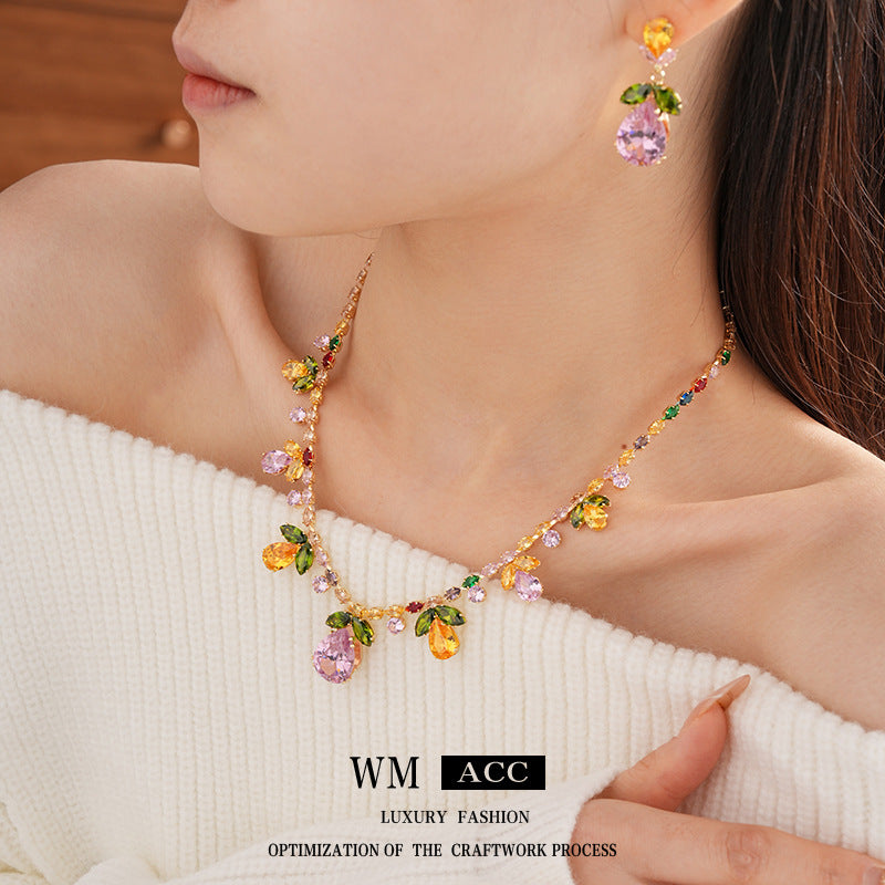 Glazenya Celestial Leaf Zircon Drop Jewelry Set — colorful water-drop zircon stones with leaf motifs; light-luxury necklace set with matching earrings and bracelet/ring variants