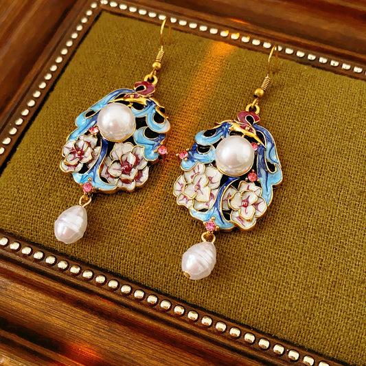 Vintage enamel floral drop earrings with imitation pearls and pink rhinestone accents — Enchanted Blossom Pearl Earrings.