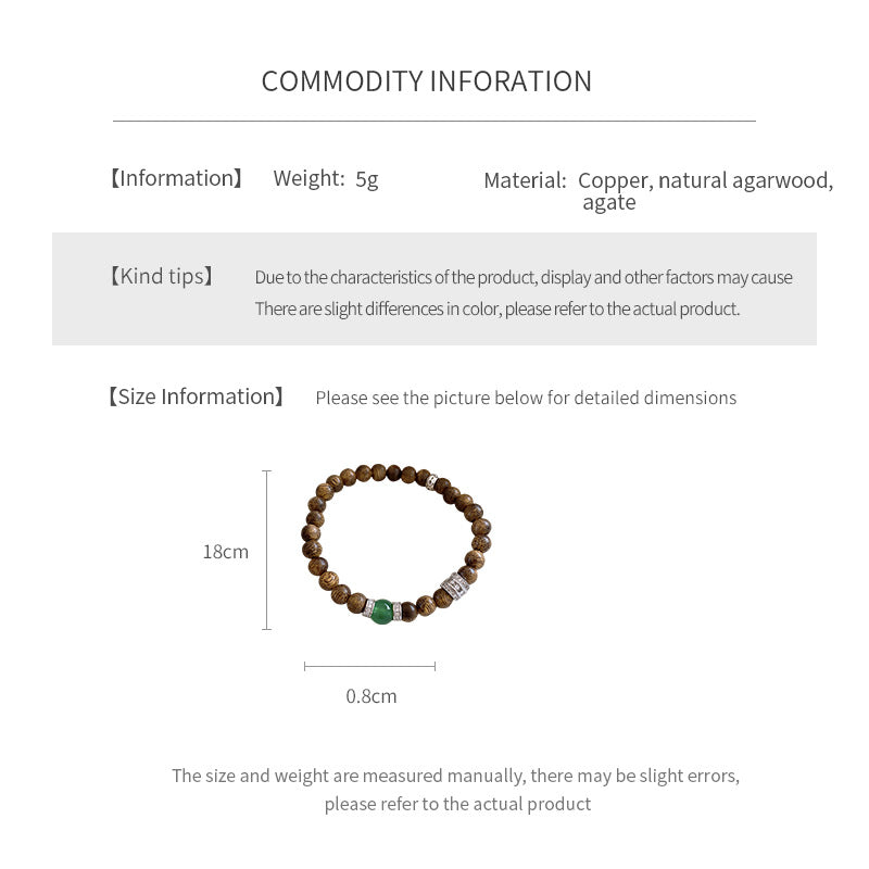 Natural agarwood beaded bracelet with green agate centerpiece and pavé spacers — Verdant Agarwood Bracelet by Glazenya.