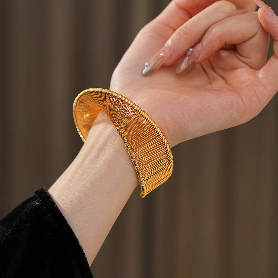 Sculptural gold and silver copper wire open cuff bracelets — Aurora Thread Cuff Bracelet by Glazenya.