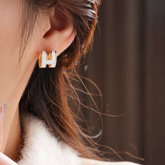 White enamel H letter earrings with gold trim, minimalist chic jewelry