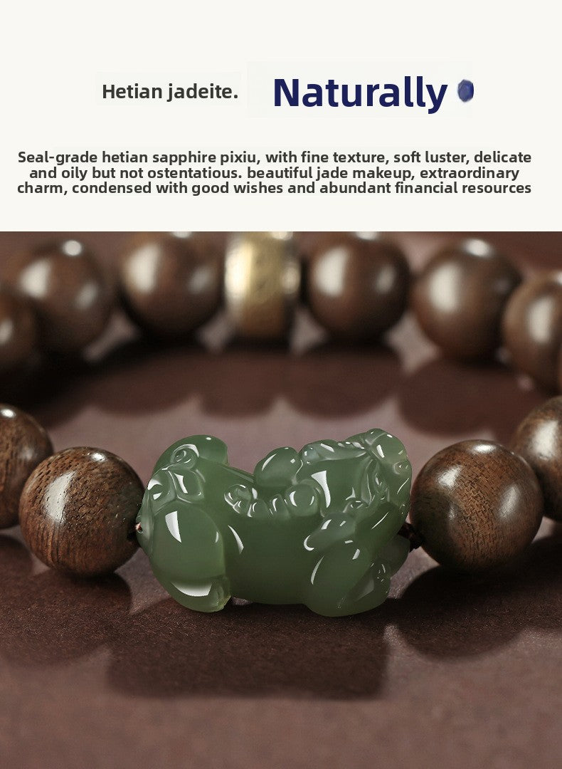 Hetian jade Pixiu charm with deep agarwood beads — Jade Guardian Bracelet