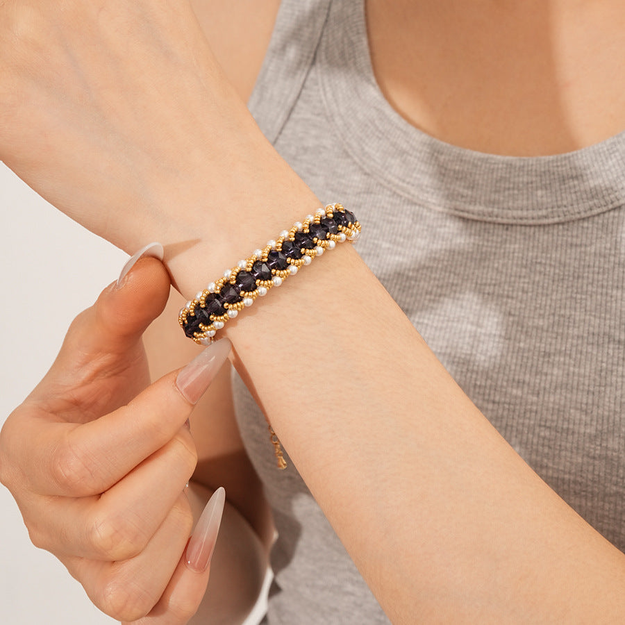 Braided glass-pearl and crystal bracelet with gold extender chain in Coffee Amber/Violet/Jade Green — Braided Pearl Crystal Bracelet.