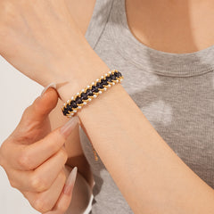 Braided glass-pearl and crystal bracelet with gold extender chain in Coffee Amber/Violet/Jade Green — Braided Pearl Crystal Bracelet.