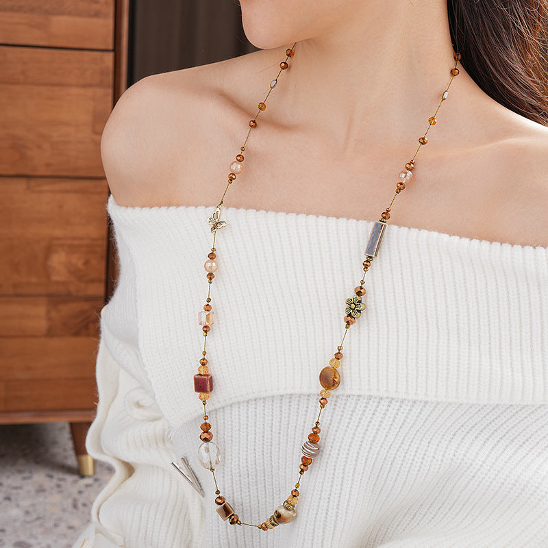 Glazenya Retro Ethnic Geometric Ceramic Long Necklace — handcrafted brown ceramic sweater chain with high-end autumn winter ethnic style design.
