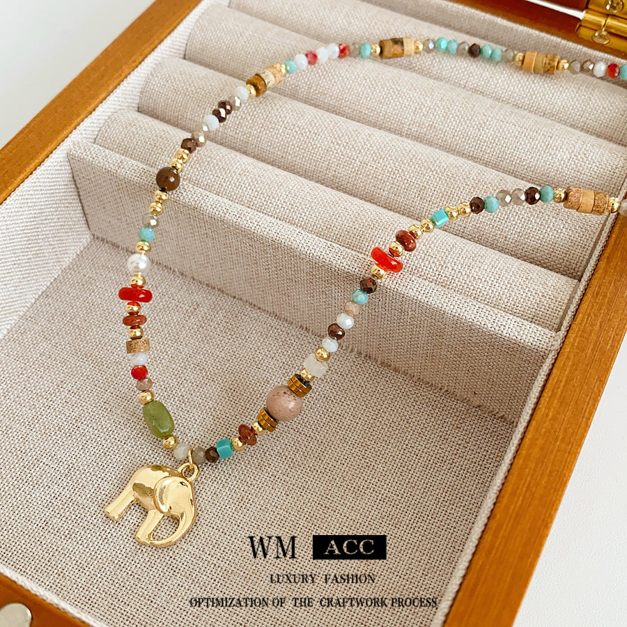 Elephant charm colorful glass bead necklace – vintage ethnic collarbone chain light luxury women’s jewelry