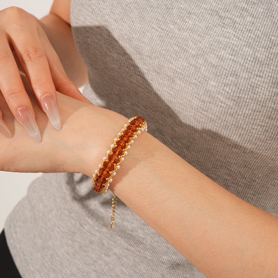 Braided glass-pearl and crystal bracelet with gold extender chain in Coffee Amber/Violet/Jade Green — Braided Pearl Crystal Bracelet.