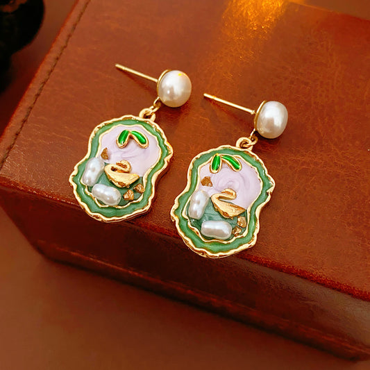 Pearl stud drop earrings with lilac and green enamel cameo and gold accents — Verdant Cameo Pearl Enamel Drops.