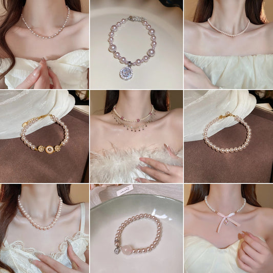 Rosélia Pearl Duo Necklace & Bracelet in rose-tinted pearls – French vintage chic jewelry
