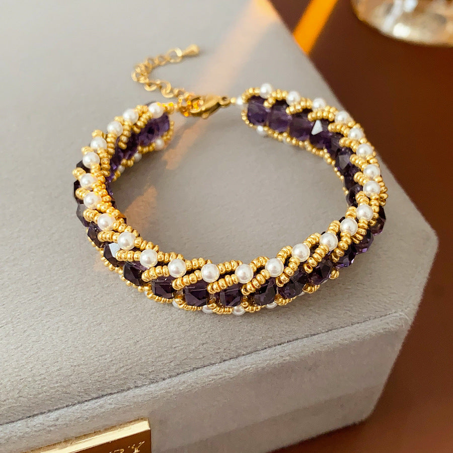 Braided glass-pearl and crystal bracelet with gold extender chain in Coffee Amber/Violet/Jade Green — Braided Pearl Crystal Bracelet.