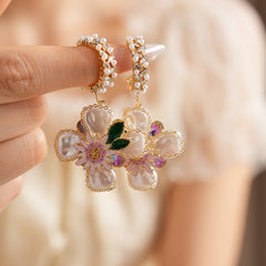 Romantic floral statement earrings with pink blossoms, imitation pearls, and enamel petals — Blossom Pearl Garden Earrings.