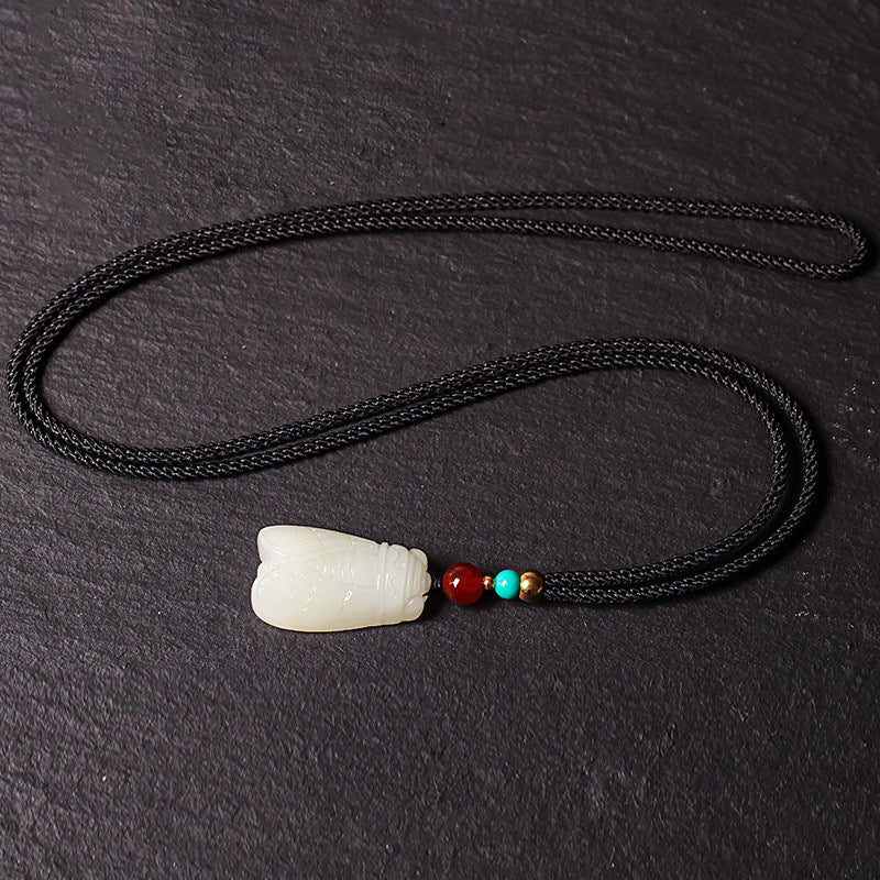 Hand-carved Hetian (nephrite) jade cicada pendant with glossy white finish — Celestial Song Hetian Jade Pendant.