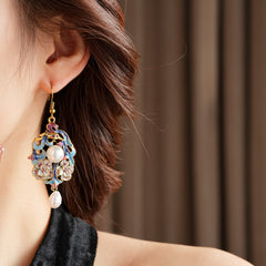 Vintage enamel floral drop earrings with imitation pearls and pink rhinestone accents — Enchanted Blossom Pearl Earrings.