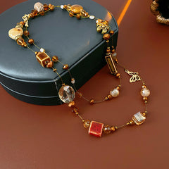 Glazenya Retro Ethnic Geometric Ceramic Long Necklace — handcrafted brown ceramic sweater chain with high-end autumn winter ethnic style design.