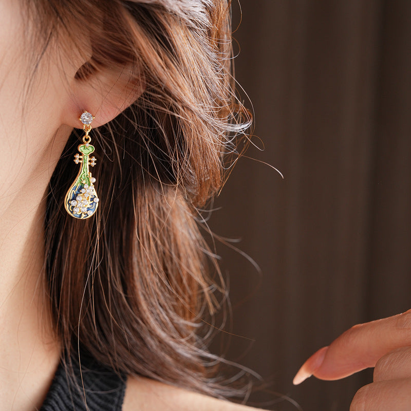 Gold-tone filigree drop earrings with green and blue enamel lute motifs, accented by zircons and tiny pearls — Verdant Lute Filigree Drops.