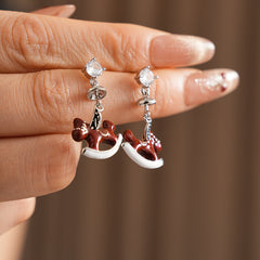 Enamel rocking-horse drop earrings with crystal stud — crimson pony and white rocker — Crimson Carousel Pony Drop Earrings.