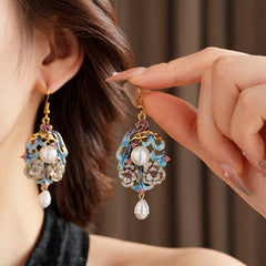 Vintage enamel floral drop earrings with imitation pearls and pink rhinestone accents — Enchanted Blossom Pearl Earrings.