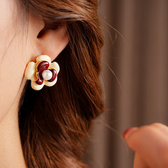 Floral enamel stud earrings with pearl center, white and red petals, 2 cm, silver-tone posts