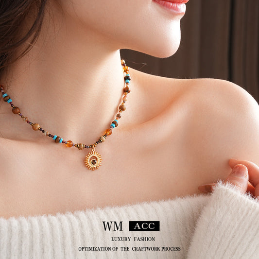 Sun pendant beaded necklace collection — multiple styles displayed