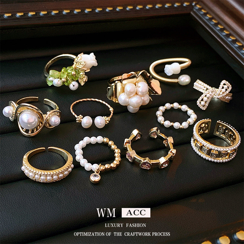 Baroque Pearl Tulip Open Ring with golden tulip flower design – Korean sweet chic adjustable jewelry

