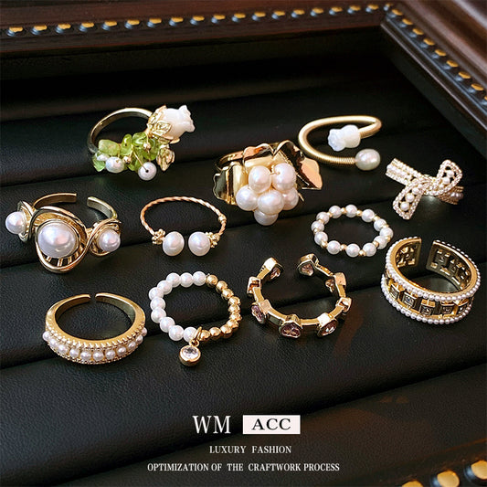 Baroque Pearl Tulip Open Ring with golden tulip flower design – Korean sweet chic adjustable jewelry
