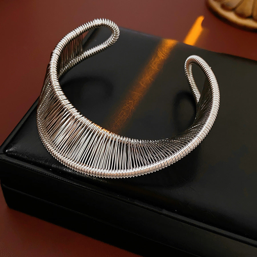 Sculptural gold and silver copper wire open cuff bracelets — Aurora Thread Cuff Bracelet by Glazenya.