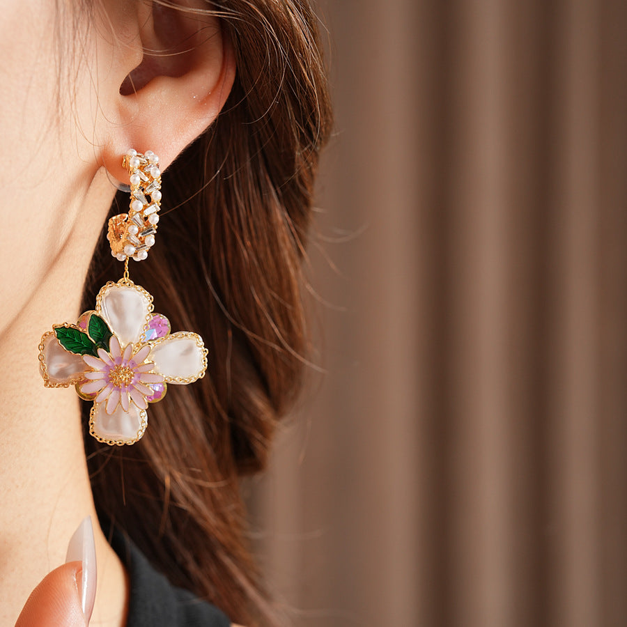 Romantic floral statement earrings with pink blossoms, imitation pearls, and enamel petals — Blossom Pearl Garden Earrings.