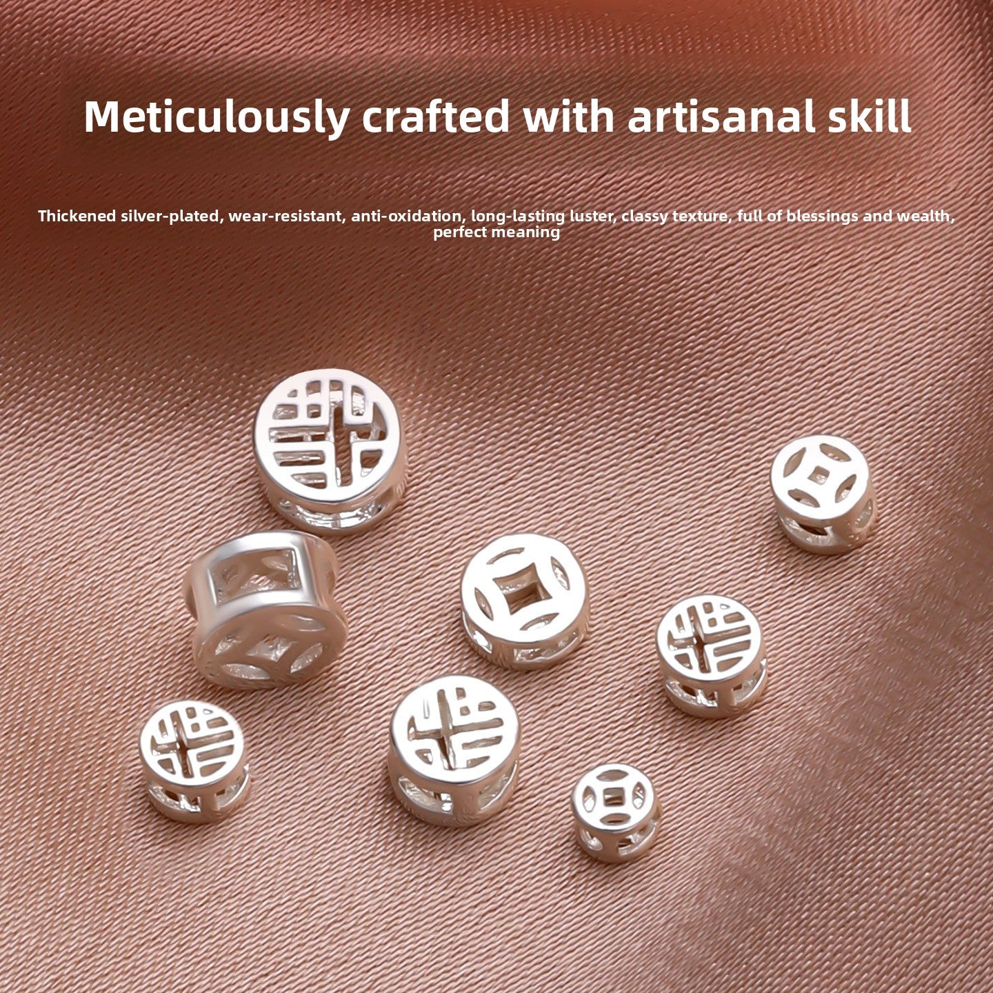 Lucky Grid · Silver-Plated Brass Spacer Beads (Fu & Coin Series)