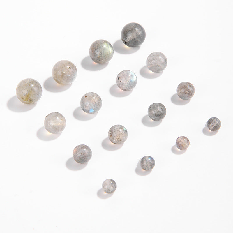 Gray moonstone round beads showing blue adularescence, polished, assorted 4/6/8/9 mm — Frostlit Moon.