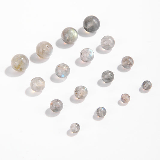Gray moonstone round beads showing blue adularescence, polished, assorted 4/6/8/9 mm — Frostlit Moon.