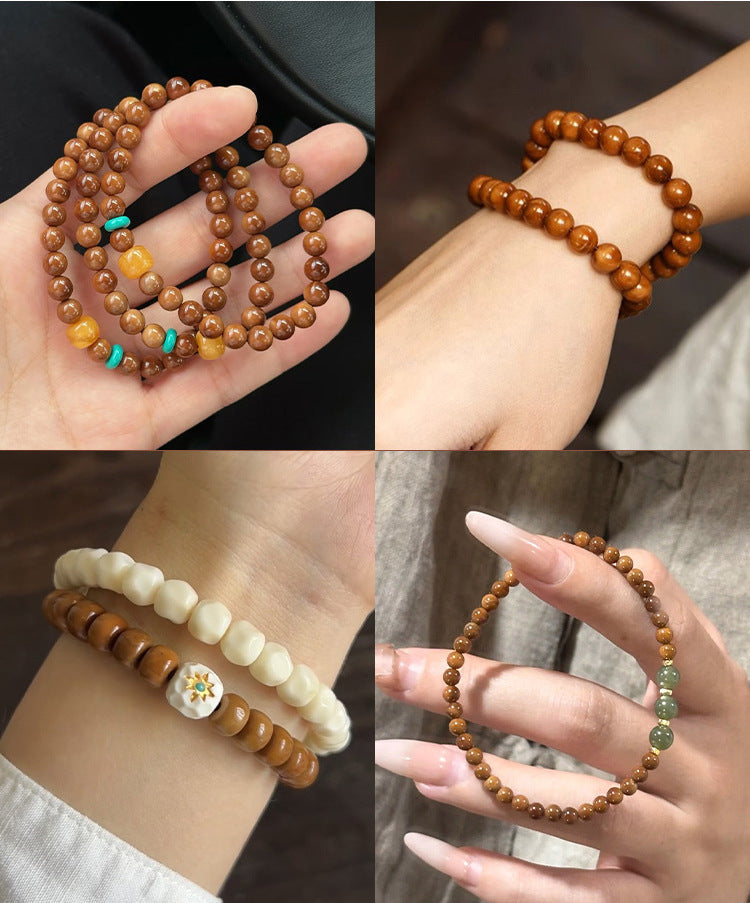 Natural Cook wood beads, amber-tone grain, polished, assorted 4–10 mm — Ambergrain Warmth.