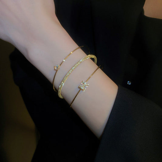 Gold-Plated Zircon Initial Bangle Series – Minimalist Open Circle Design