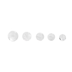 Clear quartz crystal rounds with white phantom inclusions and faint rainbow flash — Frostbow Atrium (7–14 mm).