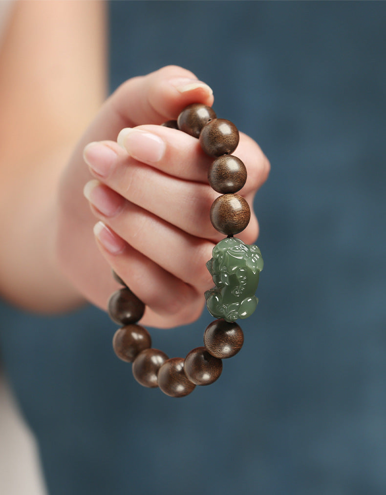 Hetian jade Pixiu charm with deep agarwood beads — Jade Guardian Bracelet