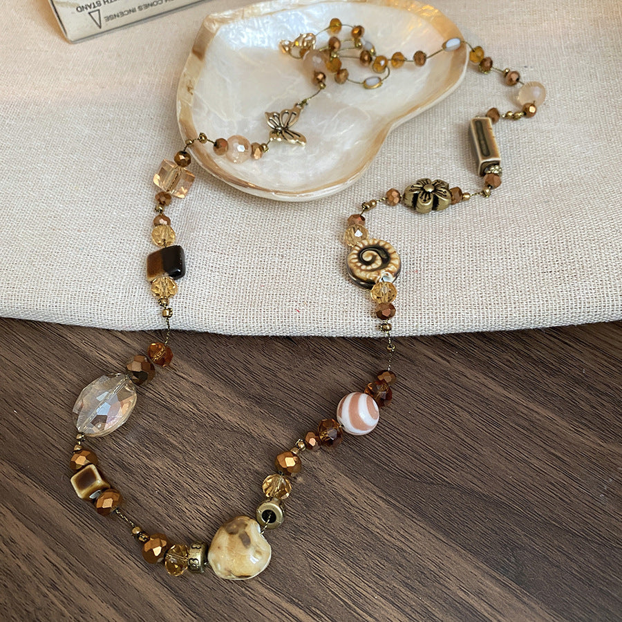Glazenya Retro Ethnic Geometric Ceramic Long Necklace — handcrafted brown ceramic sweater chain with high-end autumn winter ethnic style design.