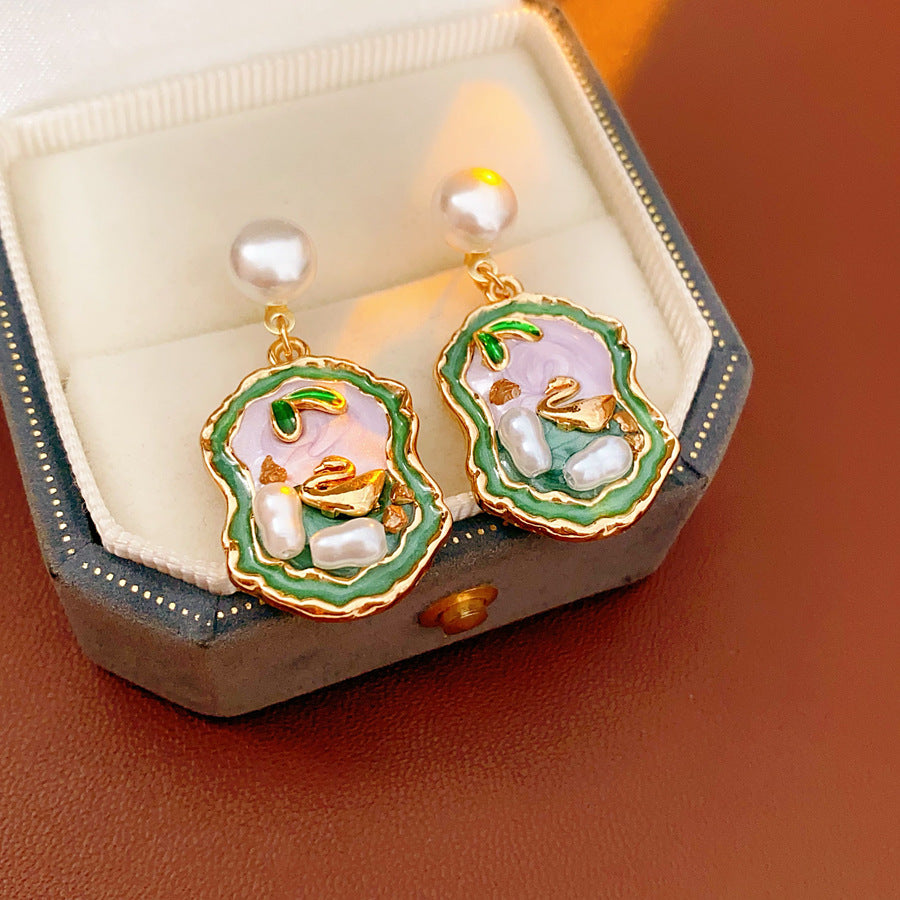 Pearl stud drop earrings with lilac and green enamel cameo and gold accents — Verdant Cameo Pearl Enamel Drops.