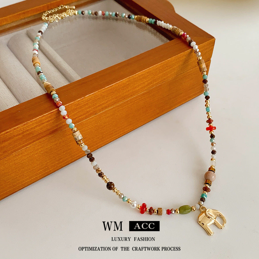 Elephant charm colorful glass bead necklace – vintage ethnic collarbone chain light luxury women’s jewelry
