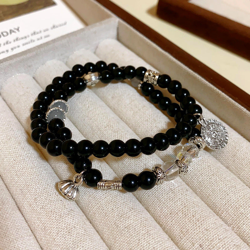 Multi-layer bracelet with crystal medallion and pearl beads in chic style