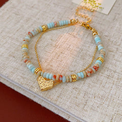 Shoushan stone beaded bracelet with gold heart charm – Glazenya Heartstone Harmony