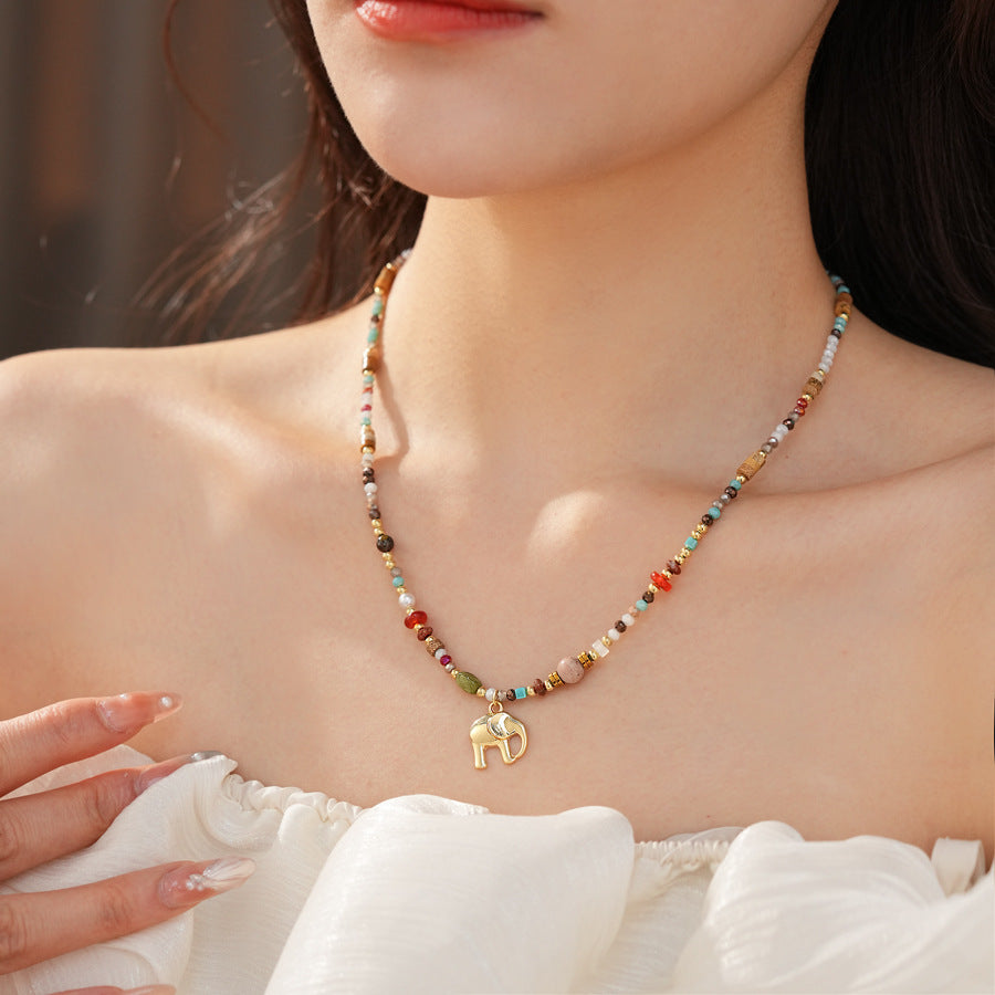 Elephant charm colorful glass bead necklace – vintage ethnic collarbone chain light luxury women’s jewelry