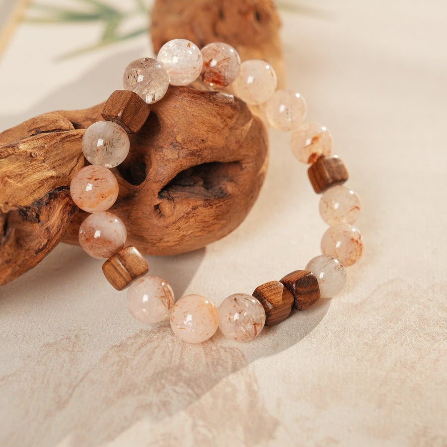 Natural rutilated quartz and sandalwood beaded bracelet — Amberwood Harmony Bracelet by Glazenya.