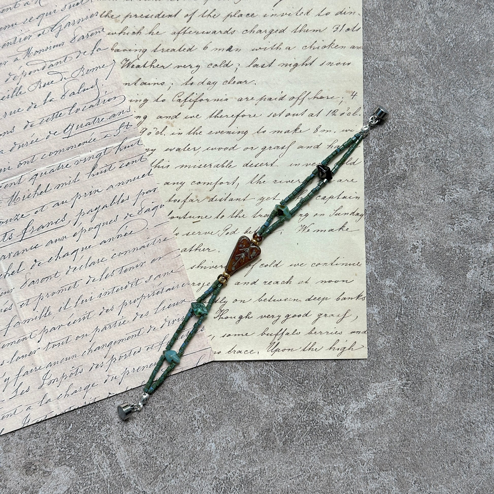 Verdant Talisman Bracelet — flat lay on textured papers; deep forest-green beads with a botanical heart talisman and magnetic clasp 3